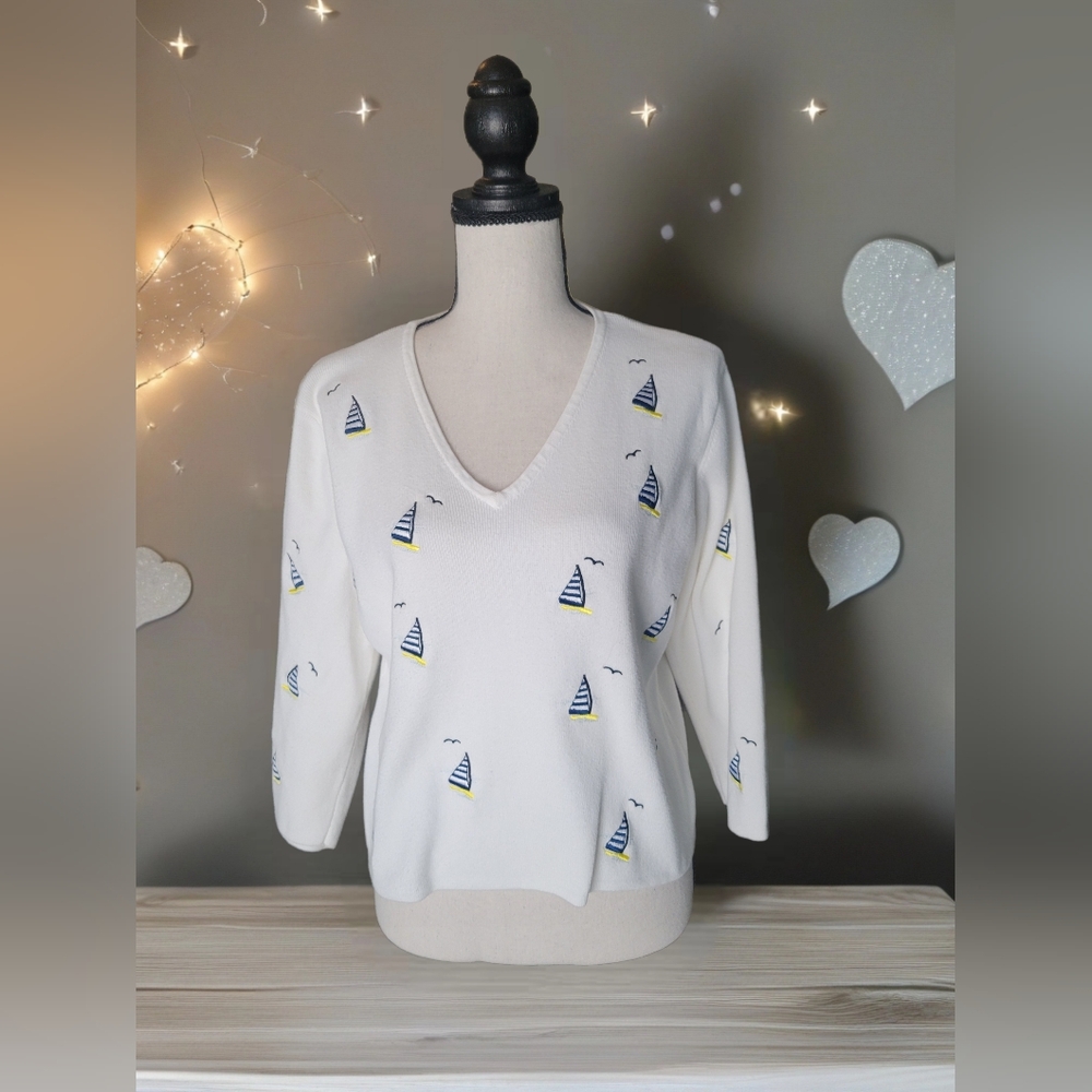 Vintage Carole Little 100% Cotton V Neck Embroidery Sail Boat Sweater Sz L